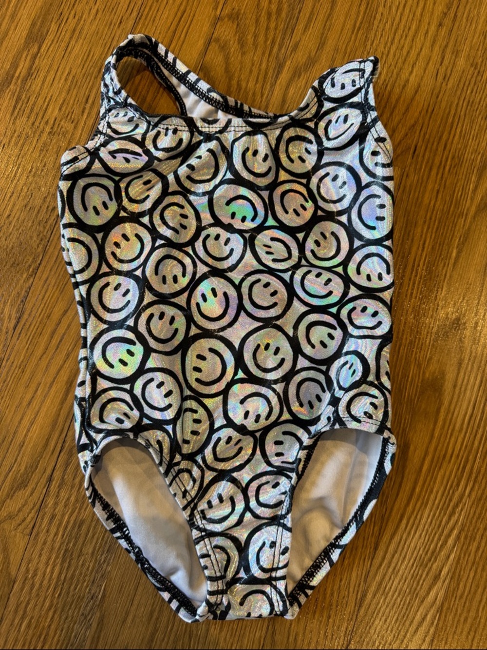 Dori Creations 3T One-Piece Swimsuit Leotard Silver w/ Holographic Smileys NWOT